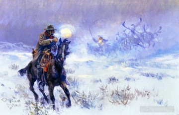 Navidad Painting - Vaquero viendo a Papá Noel sentado en trineo de renos 1910 Charles Marion Russell